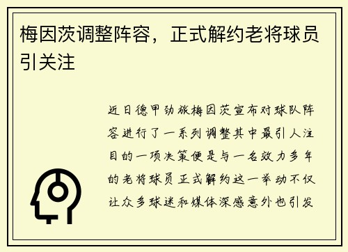 梅因茨调整阵容，正式解约老将球员引关注
